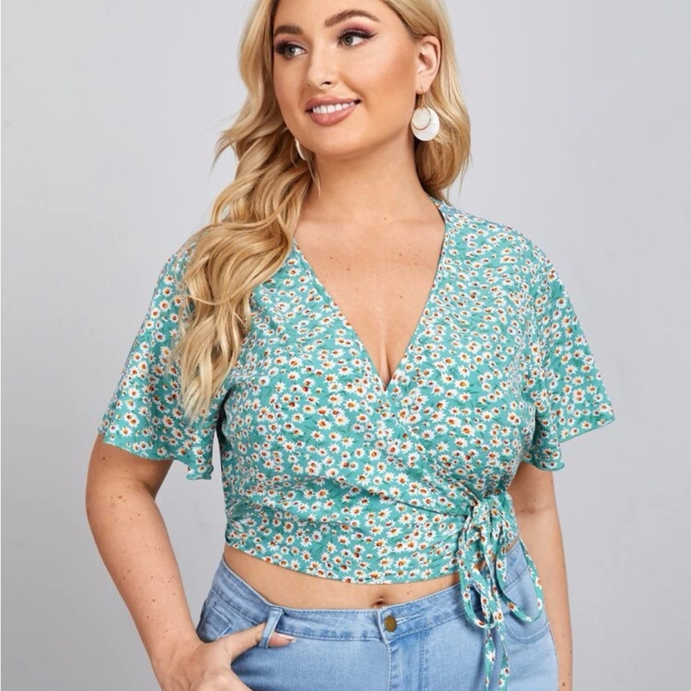 Blue Green Ditsy Floral Print Self-Tie Wrap Crop Top